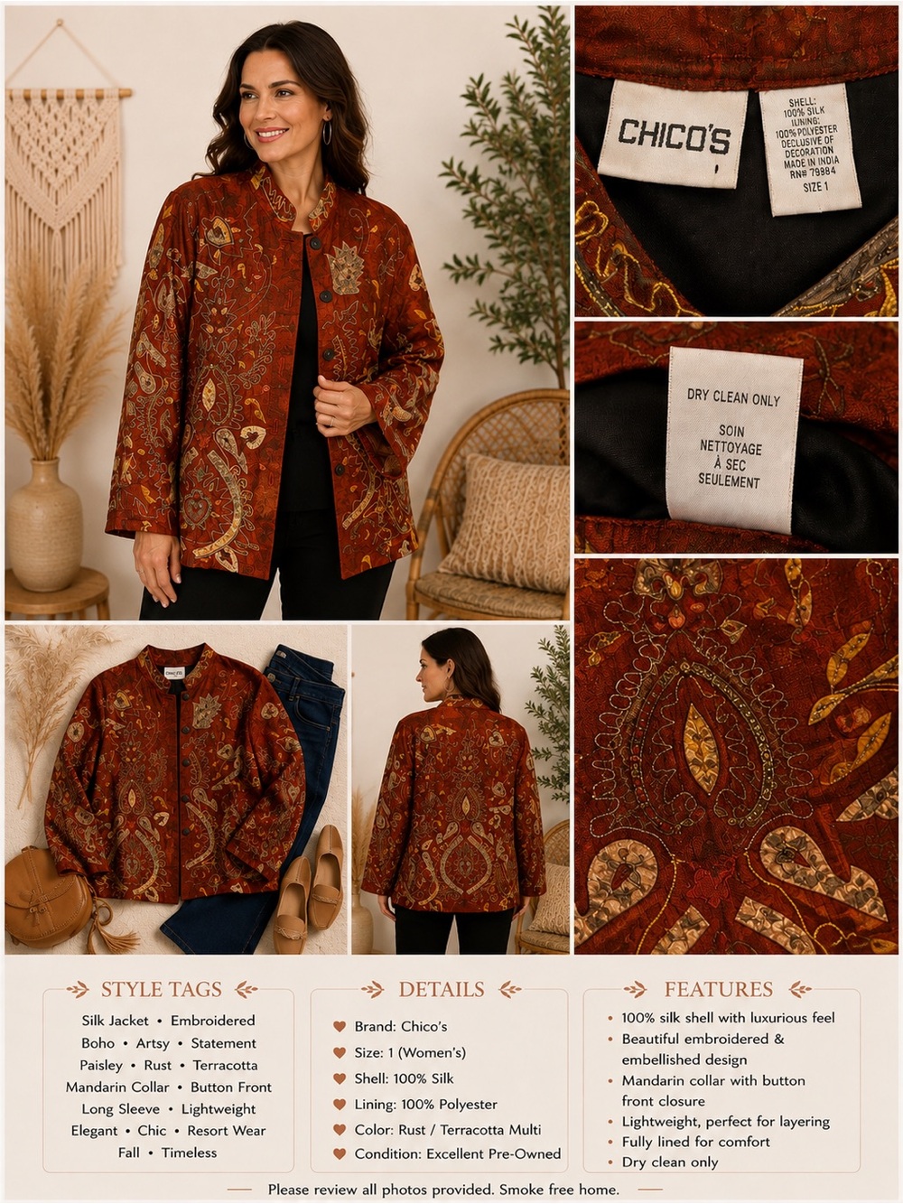 Chico's Size 1 (women’s 8-10) Rust Embroidered 100% Silk Mandarin Jacket